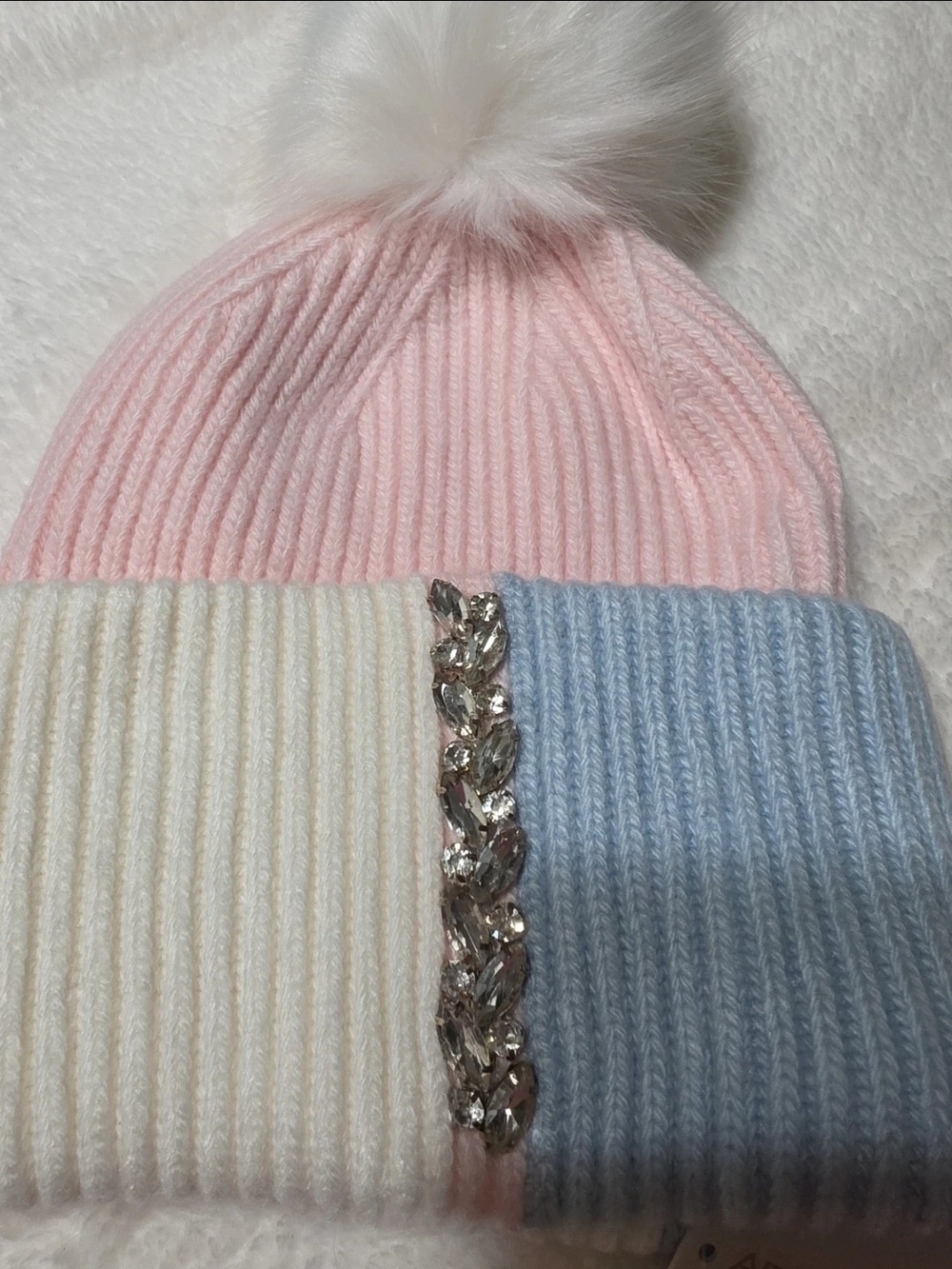 Adrienne Landau Colorblock Pom Beanie Color Block Beanie in Pink & Ivory